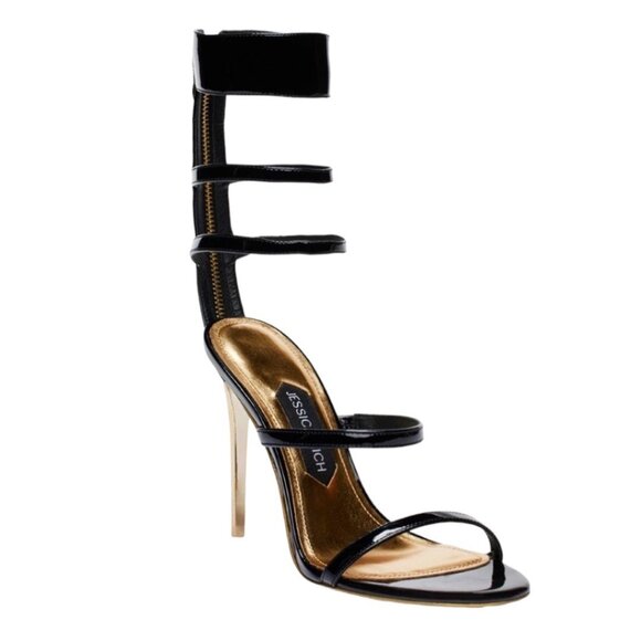 New JESSICA RICH Goddess Gladiator Stiletto Sandal In Patent Black, 37 EU / 7 US - Picture 1 of 13